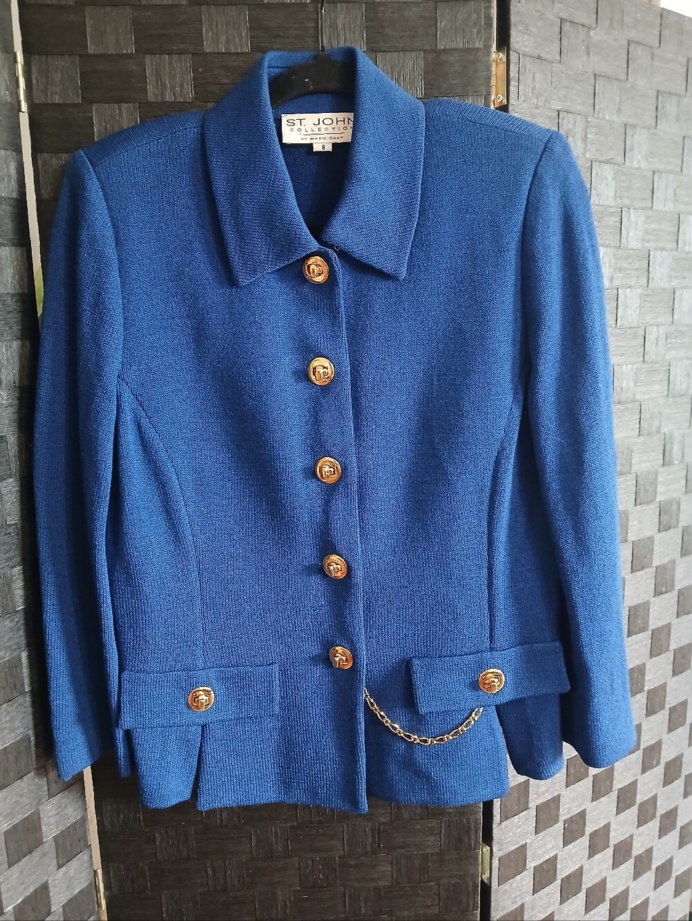 St. John Collection Cobalt Blue Knit Blazer with Gold Buttons Old Money Heritage